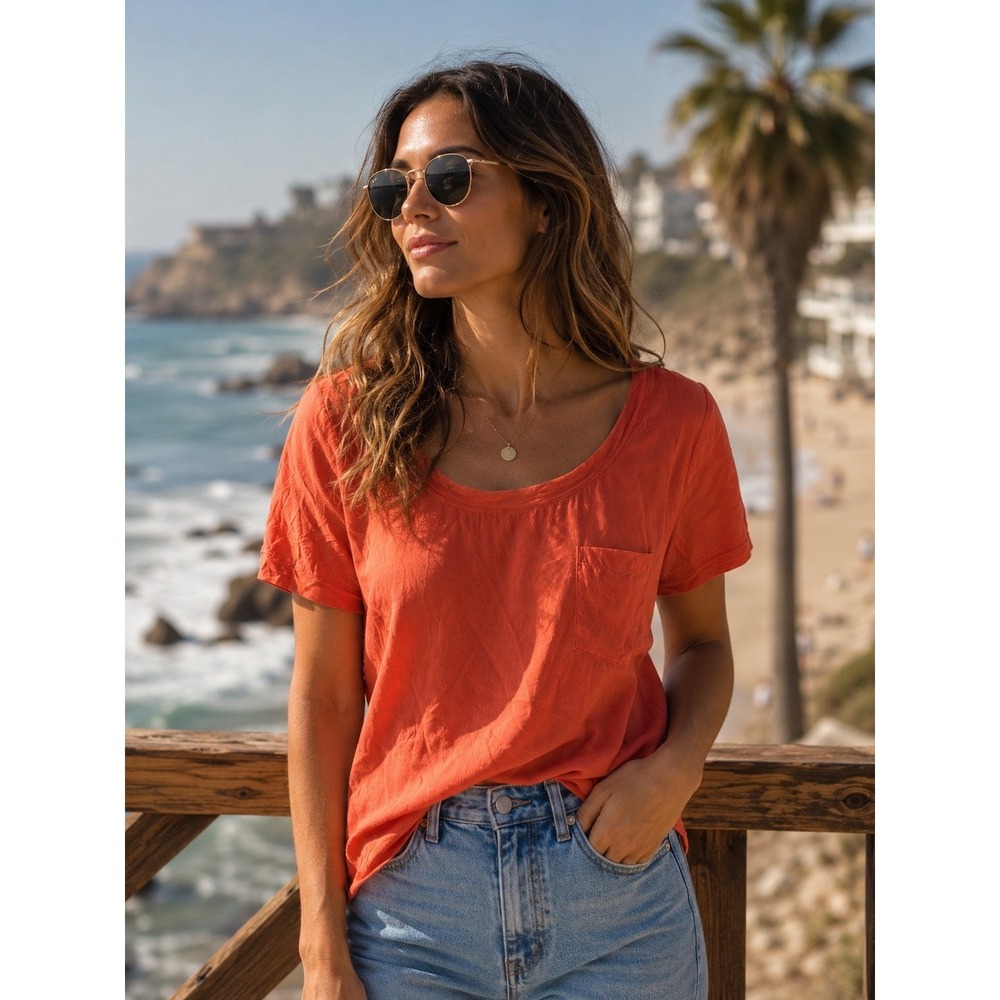 Talbots Womens Petite P 100% Silk Short Sleeve Scoop Neck Pocket Blouse Coral